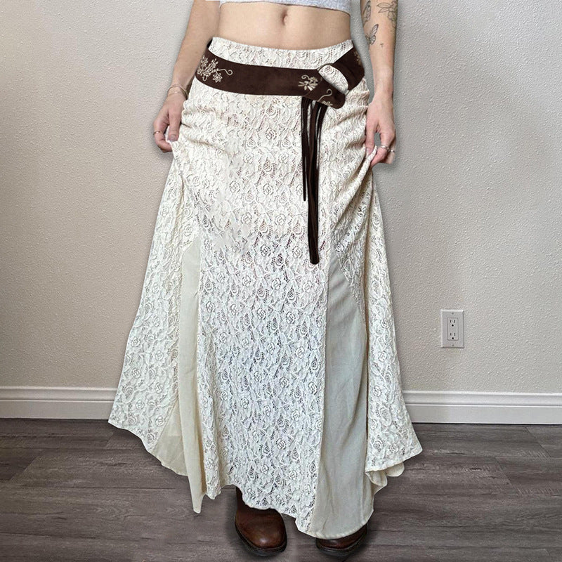 Slimming Fishtail Skirt for Women 2025 Trendy Wardrobe Staple in milky white lace with brown waistband and floral embroidery. Elegant polyester mesh design ideal for modern fashion collections.