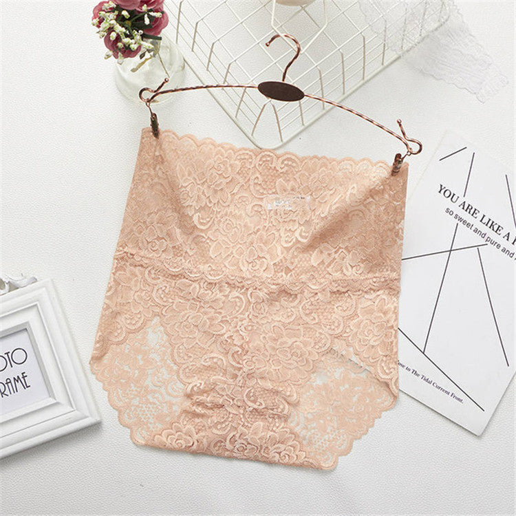 Beige Women Sexy Lace Underwear featuring delicate floral lace and high-rise waist for a soft and elegant lingerie option for ladies.