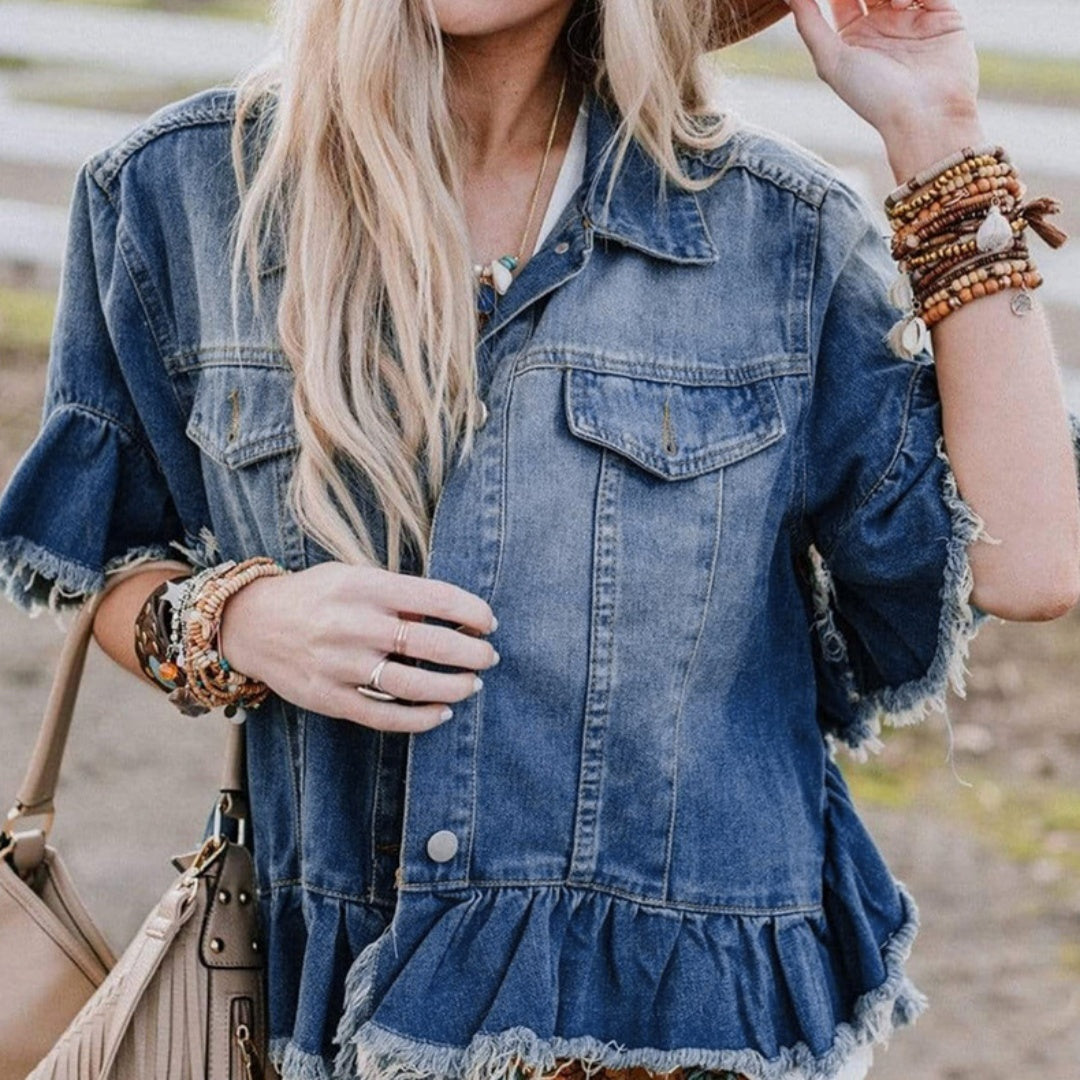 Ruffled short sleeves tops for women loose denim jacket with frayed hem and button front, styled for casual summer wear.