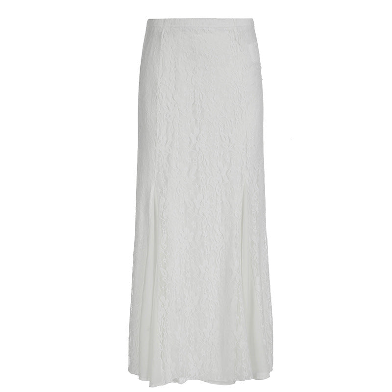 Slimming Fishtail Skirt for Women 2025 Trendy Wardrobe Staple in milky white mesh with elegant polyester lace design. Available in sizes S to L.