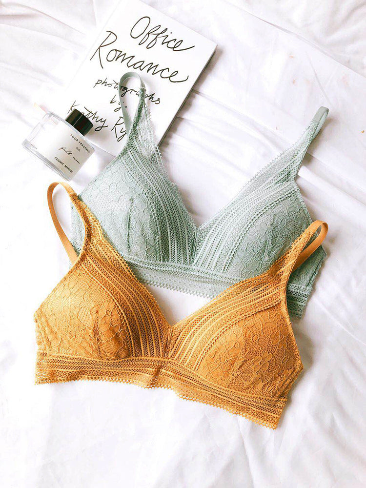 Two lace underwear women bralettes in mint green and mustard yellow, designed for breathable comfort and feminine style.