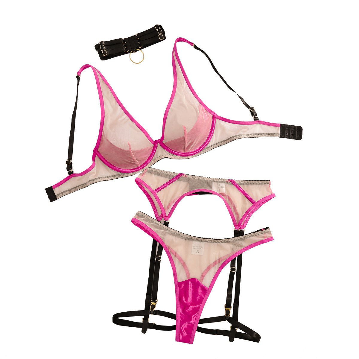 Flat lay of mesh low-cut underwear garter women’s set in pink and black, includes bra, thong, garter belt, and choker.
