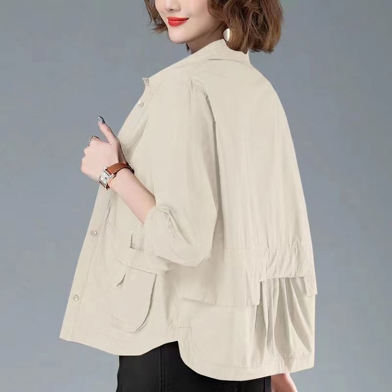 Cream wind coat tops for women thin short coat with a flowy back and front pockets, ideal for layering in spring or fall.