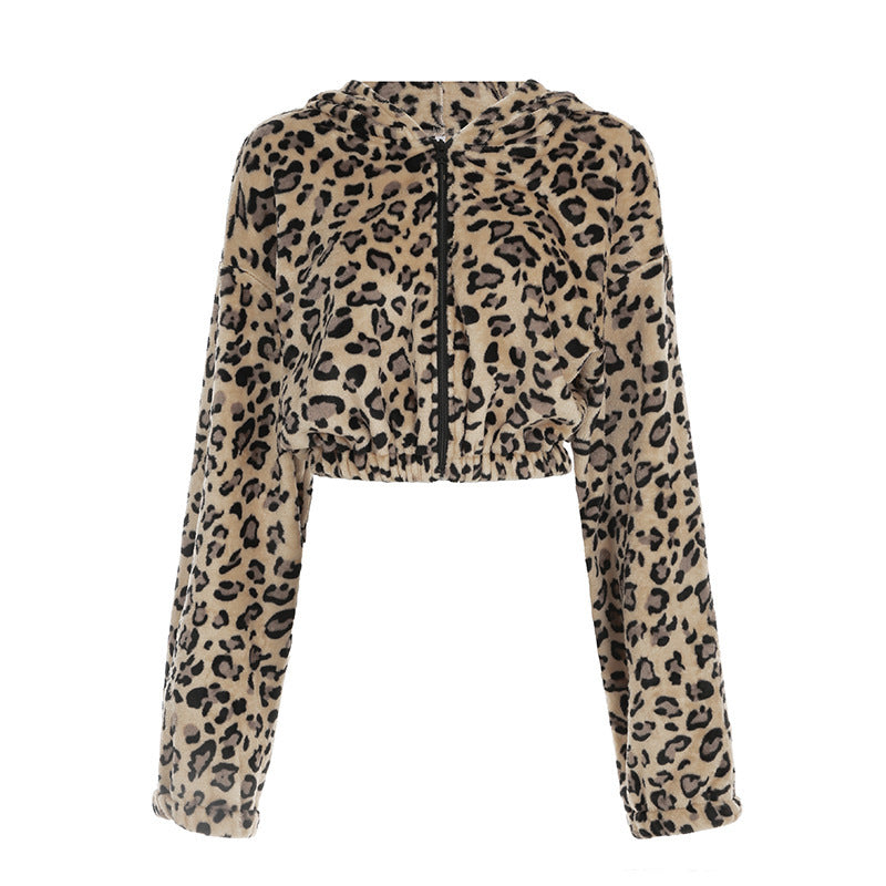 Flat lay of leopard print hooded zip cardigan top for women, cropped with long sleeves and elastic waist, ideal for casual fashion.