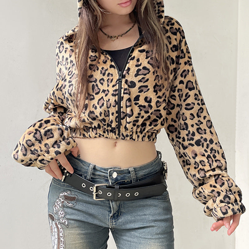 New all-matching hooded zip cardigan tops women in leopard print, cropped fit with elastic hem, styled for casual or streetwear fashion.