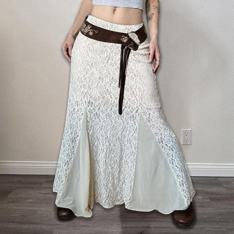 Slimming Fishtail Skirt for Women 2025 Trendy Wardrobe Staple in milky white lace with flared panels and a brown embroidered belt. Elegant polyester mesh design ideal for modern fashion collections.