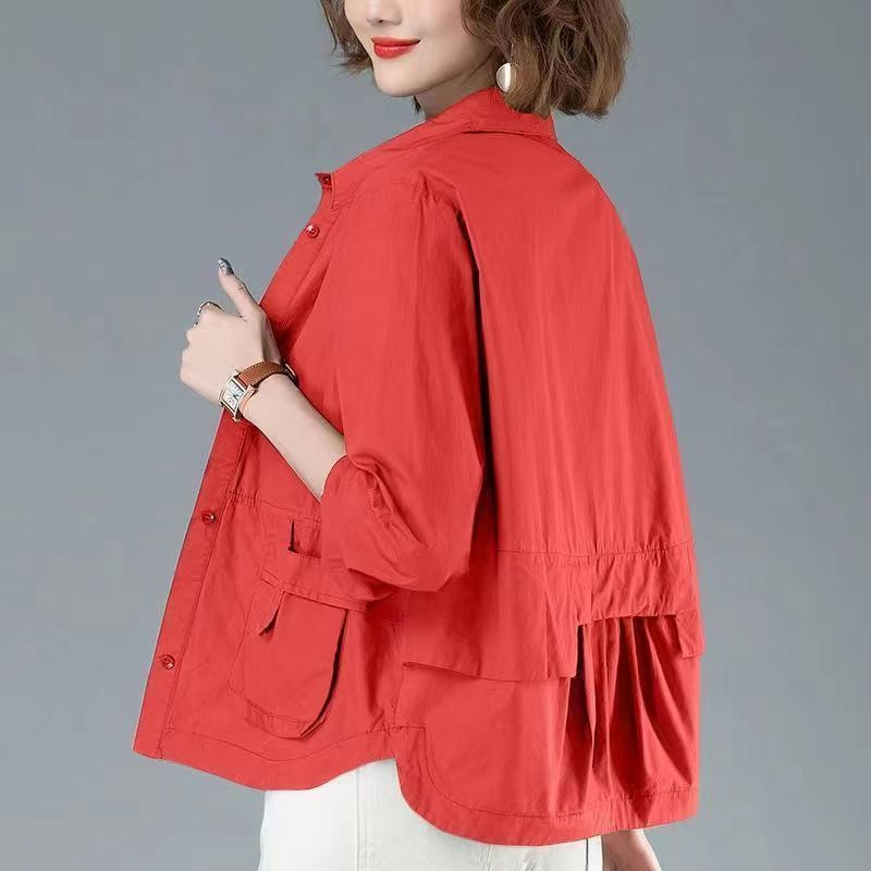 Red wind coat tops for women thin short coat with pleated back and utility pockets, lightweight and fashionable for daily wear.