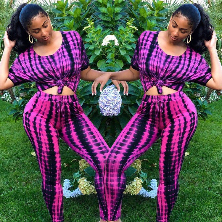 Krasa Womens Women's Skirt Women only for ladies use only, featuring a vibrant pink and black tie-dye co-ord set with knotted crop top and leggings. Ideal for casual outings or summer wear with a flattering fit.