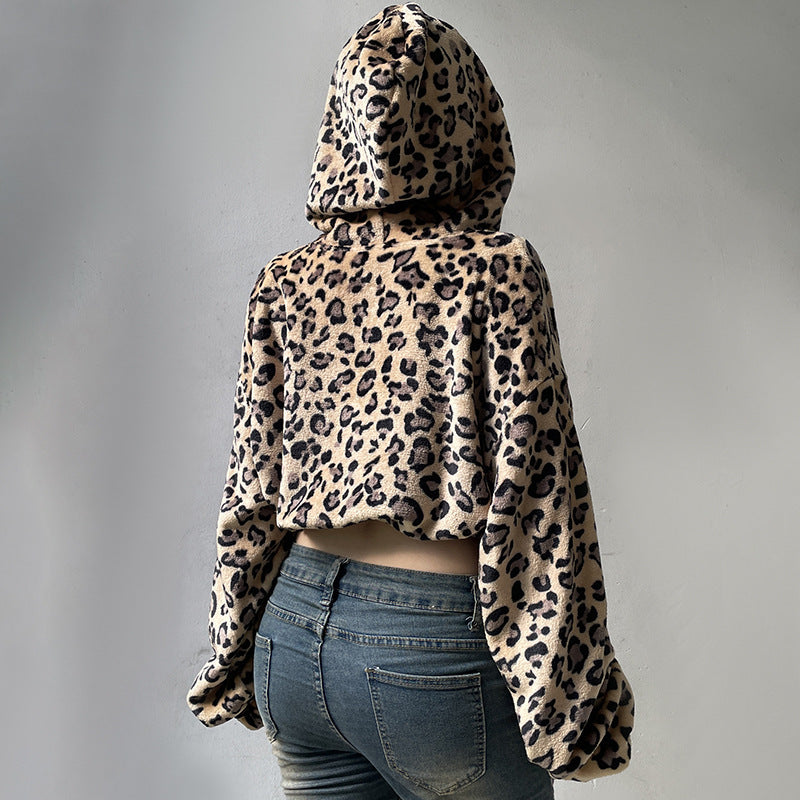 Back view of new all-matching hooded zip cardigan top for women, showcasing leopard print and cropped cut for stylish layering.