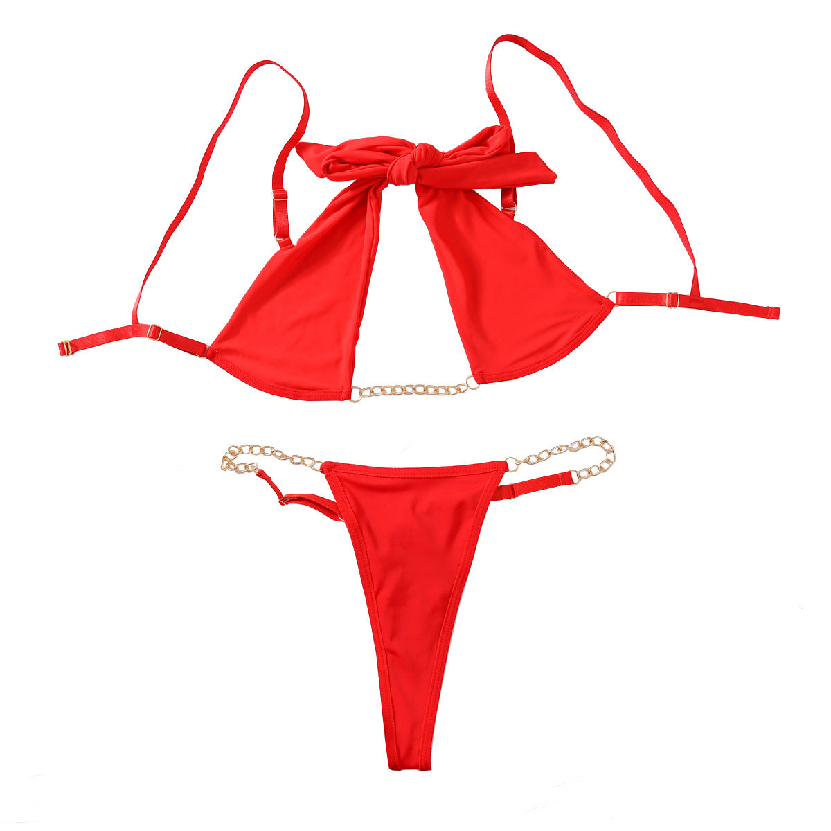 Flat lay of red lace bow underwear two-piece women’s lingerie set with gold chain straps and front bow, ideal for romantic or special occasions.