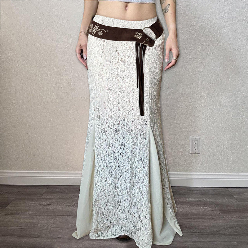 Slimming Fishtail Skirt for Women 2025 Trendy Wardrobe Staple in milky white lace with brown waistband and floral embroidery. Elegant polyester mesh design ideal for formal or casual wear.