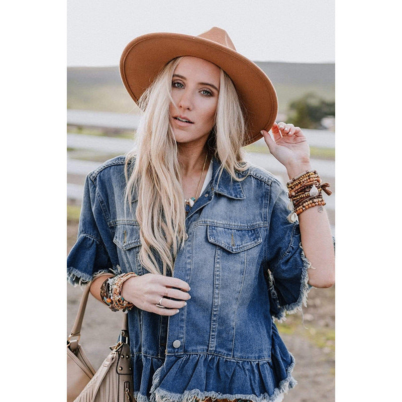 Casual ruffled short sleeves denim top for women, lightweight and breathable with front pockets and frayed detailing.