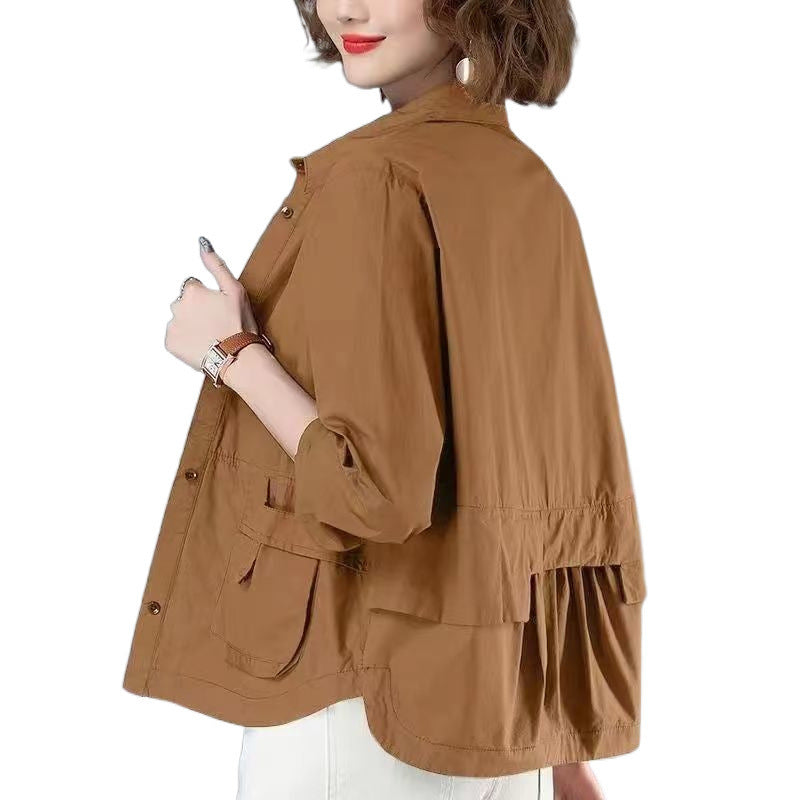 Light brown wind coat tops for women thin short coat with pleated back and rolled sleeves, perfect for layering in breezy weather.