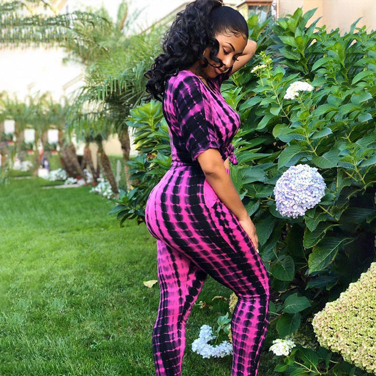 Krasa Womens Women's Skirt Women only for ladies use only, stylish pink and black tie-dye two-piece set with short-sleeve top and high-waist leggings. Perfect for trendy everyday fashion.
